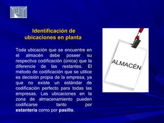IIddeennttiiffiiccaacciióónn ddee 
uubbiiccaacciioonneess eenn ppllaannttaa 
Toda ubicación que se encuentre en 
el almacén debe poseer su 
respectiva codificación (única) que la 
diferencie de las restantes. El 
método de codificación que se utilice 
es decisión propia de la empresa, ya 
que no existe un estándar de 
codificación perfecto para todas las 
empresas. Las ubicaciones en la 
zona de almacenamiento pueden 
codificarse tanto por 
estantería como por pasillo. 
 