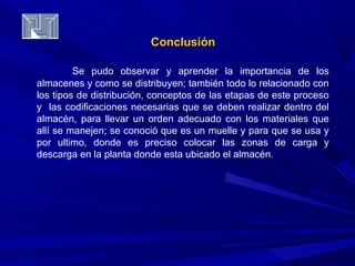 CCoonncclluussiióónn 
Se pudo observar y aprender la importancia de los 
almacenes y como se distribuyen; también todo lo relacionado con 
los tipos de distribución, conceptos de las etapas de este proceso 
y las codificaciones necesarias que se deben realizar dentro del 
almacén, para llevar un orden adecuado con los materiales que 
allí se manejen; se conoció que es un muelle y para que se usa y 
por ultimo, donde es preciso colocar las zonas de carga y 
descarga en la planta donde esta ubicado el almacén. 
 