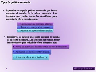 • Operaciones de mercado abierto.
• Reducir el encaje a los bancos.
• Reducir los tipos de intervención.
• Venta de bonos del estado y otros activos financieros.
• Aumentar los tipos de intervención.
• Aumentar el encaje a los bancos.
Miskerlys Sánchez
 