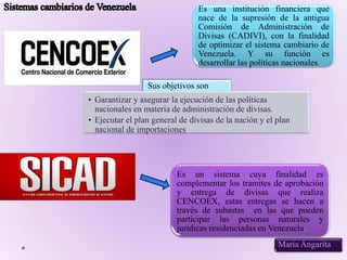 Maria Angarita
Es una institución financiera que
nace de la supresión de la antigua
Comisión de Administración de
Divisas (CADIVI), con la finalidad
de optimizar el sistema cambiario de
Venezuela. Y su función es
desarrollar las políticas nacionales.
Sus objetivos son:
• Garantizar y asegurar la ejecución de las políticas
nacionales en materia de administración de divisas.
• Ejecutar el plan general de divisas de la nación y el plan
nacional de importaciones
Es un sistema cuya finalidad es
complementar los tramites de aprobación
y entrega de divisas que realiza
CENCOEX, estas entregas se hacen a
través de subastas en las que pueden
participar las personas naturales y
jurídicas residenciadas en Venezuela.
 