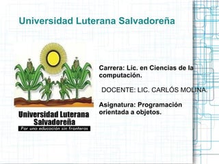 Universidad Luterana Salvadoreña



                Carrera: Lic. en Ciencias de la
                computación.

                DOCENTE: LIC. CARLÓS MOLINA.

                Asignatura: Programación
                orientada a objetos.
 