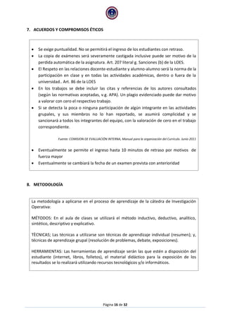 Página 16 de 32 
7. ACUERDOS Y COMPROMISOS ÉTICOS 
Se exige puntualidad. No se permitirá el ingreso de los estudiantes con retraso. La copia de exámenes será severamente castigada inclusive puede ser motivo de la perdida automática de la asignatura. Art. 207 literal g. Sanciones (b) de la LOES. El Respeto en las relaciones docente-estudiante y alumno-alumno será la norma de la participación en clase y en todas las actividades académicas, dentro o fuera de la universidad.. Art. 86 de la LOES En los trabajos se debe incluir las citas y referencias de los autores consultados (según las normativas aceptadas, v.g. APA). Un plagio evidenciado puede dar motivo a valorar con cero el respectivo trabajo. Si se detecta la poca o ninguna participación de algún integrante en las actividades grupales, y sus miembros no lo han reportado, se asumirá complicidad y se sancionará a todos los integrantes del equipo, con la valoración de cero en el trabajo correspondiente. 
Fuente: COMISION DE EVALUACIÓN INTERNA, Manual para la organización del Currículo. Junio 2011 Eventualmente se permite el ingreso hasta 10 minutos de retraso por motivos de fuerza mayor Eventualmente se cambiará la fecha de un examen prevista con anterioridad 
8. METODOLOGÍA 
La metodología a aplicarse en el proceso de aprendizaje de la cátedra de Investigación Operativa: 
MÉTODOS: En el aula de clases se utilizará el método inductivo, deductivo, analítico, sintético, descriptivo y explicativo. 
TÈCNICAS; Las técnicas a utilizarse son técnicas de aprendizaje individual (resumen); y, técnicas de aprendizaje grupal (resolución de problemas, debate, exposiciones). 
HERRAMIENTAS: Las herramientas de aprendizaje serán las que estén a disposición del estudiante (internet, libros, folletos), el material didáctico para la exposición de los resultados se lo realizará utilizando recursos tecnológicos y/o informáticos. 
 