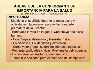 ÁREAS QUE LA CONFORMAN Y SU
IMPORTANCIA PARA LA SALUD
INTEGRAL DEL INDIVIDUO.
IMPORTANCIA
- Mantiene el equilibrio durante la rutina diaria y
actividades placenteras, para evitar la muerte
prematura de la juventud.
-Enriquece la vida de la gente, Contribuye a la dicha
humana.
- Contribuye al desarrollo y bienestar físico.
- Es disciplina, Es identidad y expresión.
- Como valor grupal, subordina intereses egoístas.
- Fomenta cualidades cívicas, Previene la delincuencia.
- Es cooperación, lealtad y compañerismo.
-Educa a la sociedad para el buen uso del tiempo libre.
 