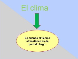 El clima


 Es cuando el tiempo
  atmosférico es de
    periodo largo.
 