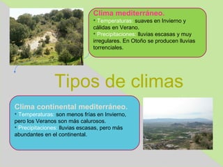 Clima mediterráneo.
                               
                                 Temperaturas: suaves en Invierno y
                               cálidas en Verano.
                               
                                 Precipitaciones: lluvias escasas y muy
                               irregulares. En Otoño se producen lluvias
                               torrenciales.




               Tipos de climas
Clima continental mediterráneo.

  Temperaturas: son menos frías en Invierno,
pero los Veranos son más calurosos.

  Precipitaciones: lluvias escasas, pero más
abundantes en el continental.
 
