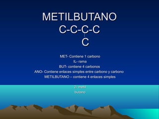 METILBUTANOMETILBUTANO
C-C-C-CC-C-C-C
CC
MET- Contiene 1 carbonoMET- Contiene 1 carbono
IL- ramaIL- rama
BUT- contiene 4 carbonosBUT- contiene 4 carbonos
ANO- Contiene enlaces simples entre carbono y carbonoANO- Contiene enlaces simples entre carbono y carbono
METILBUTANO – contiene 4 enlaces simplesMETILBUTANO – contiene 4 enlaces simples
2- metil2- metil
butanobutano
 