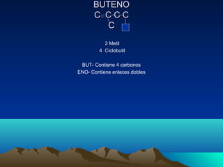 BUTENOBUTENO
C C C CC C C C
CC
2 Metil
4 Ciclobutil
BUT- Contiene 4 carbonos
ENO- Contiene enlaces dobles
 