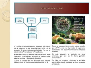 Fluidos
                       Semen              Sangre
     vaginales




                      Virus del SIDA
                        (Ingresa al
                       organismo)




                        Sistema
                      Inmunológico




El Uno de los indicadores más evidentes del avance      Como se expuso anteriormente, puede suceder
de la infección y del desarrollo del SIDA, es la        que el VIH, una vez ingresado al organismo
aparición de enfermedades oportunistas. Por eso se      permanezca "en reposo" dentro de los linfocitos
las considera "marcadoras" o "trazadoras".              invadidos.
A ellas se suman los efectos directos del virus en el   En esta situación,    el paciente no tiene
organismo, que incluyen, entre otros, trastornos del    síntomas, por eso     se lo llama portador
sistema nervioso y del aparato digestivo.               asintomático.
Cuando el portador del VIH desarrolla este conjunto     Sin bien no presenta síntomas el portador
de afecciones se lo considera un enfermo de SIDA.       asintomático puede contagiar a otras personas
                                                        sin saberlo.
 