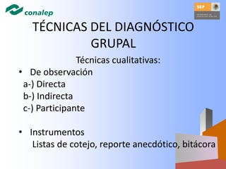 TÉCNICAS DEL DIAGNÓSTICO
GRUPAL
Técnicas cualitativas:
• De observación
a-) Directa
b-) Indirecta
c-) Participante
• Instrumentos
Listas de cotejo, reporte anecdótico, bitácora
 