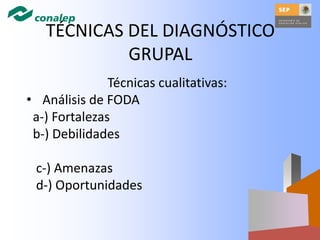 TÉCNICAS DEL DIAGNÓSTICO
GRUPAL
Técnicas cualitativas:
• Análisis de FODA
a-) Fortalezas
b-) Debilidades
c-) Amenazas
d-) Oportunidades
 