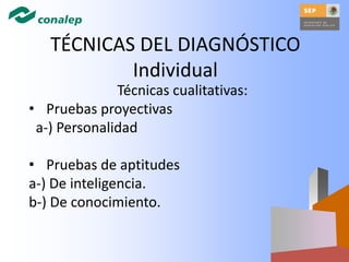 TÉCNICAS DEL DIAGNÓSTICO
Individual
Técnicas cualitativas:
• Pruebas proyectivas
a-) Personalidad
• Pruebas de aptitudes
a-) De inteligencia.
b-) De conocimiento.
 