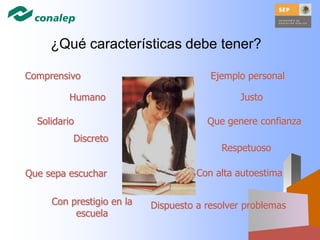Dispuesto a resolver problemas
Solidario
Discreto
Comprensivo
Que sepa escuchar
Humano
Con prestigio en la
escuela
Ejemplo personal
Con alta autoestima
Justo
Que genere confianza
Respetuoso
¿Qué características debe tener?
 
