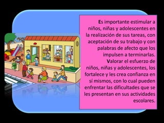 Es importante estimular a
  niños, niñas y adolescentes en
 la realización de sus tareas, con
  aceptación de su trabajo y con
       palabras de afecto que los
          impulsen a terminarlas.
            Valorar el esfuerzo de
 niños, niñas y adolescentes, los
fortalece y les crea confianza en
   sí mismos, con lo cual pueden
enfrentar las dificultades que se
les presentan en sus actividades
                         escolares.
 