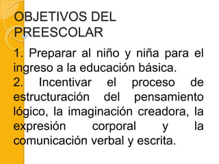 OBJETIVOS DEL
PREESCOLAR
1. Preparar al niño y niña para el
ingreso a la educación básica.
2. Incentivar el proceso de
estructuración del pensamiento
lógico, la imaginación creadora, la
expresión      corporal    y     la
comunicación verbal y escrita.
 