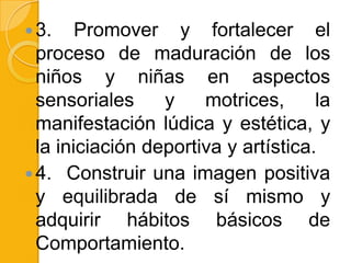  3.    Promover y fortalecer el
  proceso de maduración de los
  niños y niñas en aspectos
  sensoriales     y    motrices,      la
  manifestación lúdica y estética, y
  la iniciación deportiva y artística.
 4. Construir una imagen positiva
  y equilibrada de sí mismo y
  adquirir hábitos básicos de
  Comportamiento.
 
