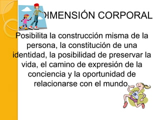 DIMENSIÓN CORPORAL

 Posibilita la construcción misma de la
     persona, la constitución de una
identidad, la posibilidad de preservar la
   vida, el camino de expresión de la
     conciencia y la oportunidad de
       relacionarse con el mundo.
 