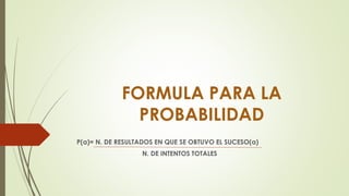 FORMULA PARA LA
PROBABILIDAD
P(a)= N. DE RESULTADOS EN QUE SE OBTUVO EL SUCESO(a)
N. DE INTENTOS TOTALES
 