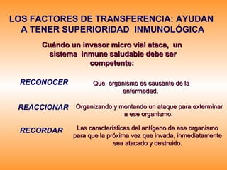 LOS FACTORES DE TRANSFERENCIA: AYUDAN  A TENER SUPERIORIDAD  INMUNOLÓGICA Cuándo un invasor micro vial ataca,  un  sistema  inmune saludable debe ser competente:   RECONOCER   Que  organismo es causante de la enfermedad.  REACCIONAR   Organizando y montando un ataque para exterminar a ese organismo.  RECORDAR Las características del antígeno de ese organismo para que la próxima vez que invada, inmediatamente sea atacado y destruido. 