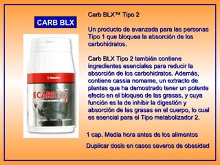 CARB BLX Carb BLX™ Tipo 2 Un producto de avanzada para las personas Tipo 1 que bloquea la absorción de los carbohidratos. Carb BLX Tipo 2  también contiene ingredientes esenciales para reducir la absorción de los carbohidratos. Además, contiene cassia nomame, un extracto de plantas que ha demostrado tener un potente efecto en el bloqueo de las grasas, y cuya función es la de inhibir la digestión y absorción de las grasas en el cuerpo, lo cual es esencial para el Tipo metabolizador 2. 1 cap. Media hora antes de los alimentos Duplicar dosis en casos severos de obesidad 