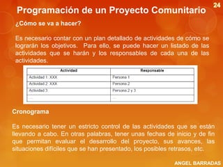 Programación de un Proyecto Comunitario
¿Cómo se va a hacer?
Es necesario contar con un plan detallado de actividades de cómo se
lograrán los objetivos. Para ello, se puede hacer un listado de las
actividades que se harán y los responsables de cada una de las
actividades.

Cronograma
Es necesario tener un estricto control de las actividades que se están
llevando a cabo. En otras palabras, tener unas fechas de inicio y de fin
que permitan evaluar el desarrollo del proyecto, sus avances, las
situaciones difíciles que se han presentado, los posibles retrasos, etc.
ANGEL BARRADAS

 