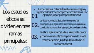 Lametaética.Estudialanaturaleza,origeny
significadodelosconceptoséticosbásicos.Por
01
.
02.
03.
Los estudios
éticos se
dividenentres
ramas
principales:
ejemplo,lapreguntaporlafelicidad.
Laéticanormativa.Estudiaeinterpretalos
principiosquerigenalossistemasqueregulanla
conductahumana.Porejemplo,los códigos civiles.
Laéticaaplicada.Estudiaeinterpretacasos
y controversiaséticasespecíficasdelavida
real.Porejemplo,las disputas entorno al
consumoanimal.
 