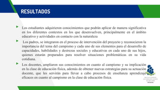 RESULTADOS
▸ Los estudiantes adquirieron conocimientos que podrán aplicar de manera significativa
en los diferentes contextos en los que desenvuelven, principalmente en el ámbito
educativo y actividades en contacto con la naturaleza
▸ Los padres, se integraron en el proceso de intervención del proyecto y reconocieron la
importancia del tema del campismo y cada uno de sus elementos para el desarrollo de
capacidades, habilidades y destrezas sociales y educativas en cada uno de sus hijos,
quienes estarán preparados para resolver situaciones problemáticas en su vida
cotidiana.
▸ Los docentes, ampliaron sus conocimientos en cuanto al campismo y su implicación
en la clase de educación física, además de obtener nuevas estrategias para su actuación
docente, que les servirán para llevar a cabo procesos de enseñanza aprendizaje
eficaces en cuanto al campismo en la clase de educación física.
 