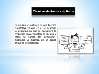 Técnicas de Análisis de Datos 
el análisis se sustentó en una técnica 
cualitativa ya que en él se describe 
la situación en que se encuentra la 
empresa; para encontrar el por qué y 
cómo se toman las decisiones, 
mediante la muestra de un grupo 
pequeño de personas. 
 