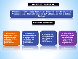 OBJETIVO GENERAL 
Optimizar los Procesos del Área de Producción de la Empresa 
Procesadora de Pieles la Victoria C.A Ubicada en Rubio Estado 
Táchira 
2. Establecer 
requerimientos 
a seguir para 
optimizar los 
procesos 
productivos. 
1. Realizar el 
diagnostico del 
estado actual 
del área de los 
procesos 
productivos. 
3. Diseñar los 
requerimientos 
para llevar a 
cabo la 
optimización 
4. Calcular la 
relación costo-beneficio 
que 
representa 
optimizar el área 
de producción 
Objetivos específicos 
 
