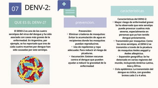 07
QUE ES EL DENV-2? prevencion.
caracteristicas
DENV-2:
El DENV-2 es uno de los cuatro
serotipos del virus del dengue y ha sido
asociado con casos más graves de la
enfermedad. En Argentina, por
ejemplo, se ha reportado que tres de
cada cuatro muertes por dengue han
sido causadas por este serotipo.
Prevención:
• Eliminar criaderos de mosquitos:
Evitar la acumulación de agua en
recipientes donde los mosquitos
puedan reproducirse.
• Uso de repelentes y ropa
adecuada: Para reducir el riesgo de
picaduras.
• Vacunación: Existen vacunas
contra el dengue que pueden
ayudar a reducir la gravedad de la
enfermedad
Características del DENV-2:
• Mayor riesgo de enfermedad grave:
Se ha observado que este serotipo
puede provocar cuadros más
severos, especialmente en
personas que ya han tenido
dengue previamente.
• Transmisión por mosquitos: Como
los otros serotipos, el DENV-2 se
transmite a través de la picadura
de mosquitos Aedes aegypti y
Aedes albopictus.
• Expansión geográfica: Se ha
detectado en varias regiones del
mundo, incluyendo América Latina,
Asia y África.
• Ciclo epidémico: La transmisión del
dengue es cíclica, con grandes
brotes cada 3 o 4 años.
 