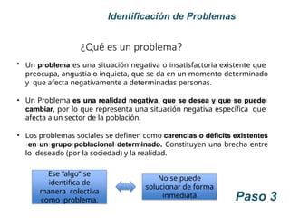 Paso 3
Identificación de Problemas
¿Qué es un problema?
• Un problema es una situación negativa o insatisfactoria existente que
preocupa, angustia o inquieta, que se da en un momento determinado
y que afecta negativamente a determinadas personas.
• Un Problema es una realidad negativa, que se desea y que se puede
cambiar, por lo que representa una situación negativa específica que
afecta a un sector de la población.
• Los problemas sociales se definen como carencias o déficits existentes
en un grupo poblacional determinado. Constituyen una brecha entre
lo deseado (por la sociedad) y la realidad.
Ese “algo” se
identifica de
manera colectiva
como problema.
No se puede
solucionar de forma
inmediata
 