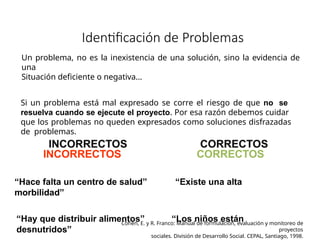 Un problema, no es la inexistencia de una solución, sino la evidencia de
una
Situación deficiente o negativa…
Si un problema está mal expresado se corre el riesgo de que no se
resuelva cuando se ejecute el proyecto. Por esa razón debemos cuidar
que los problemas no queden expresados como soluciones disfrazadas
de problemas.
INCORRECTOS CORRECTOS
“Hace falta un centro de salud” “Existe una alta
morbilidad”
“Hay que distribuir alimentos” “Los niños están
desnutridos”
Cohen, E. y R. Franco: Manual de formulación, evaluación y monitoreo de
proyectos
sociales. División de Desarrollo Social. CEPAL, Santiago, 1998.
Identificación de Problemas
 