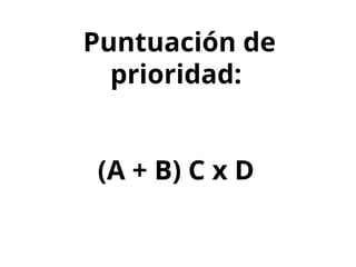 Puntuación de
prioridad:
(A + B) C x D
 