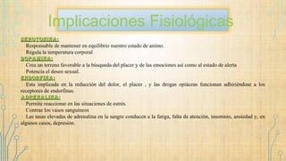 Implicaciones Fisiológicas
Serotonina:Serotonina:
֎Responsable de mantener en equilibrio nuestro estado de animo.
֎Regula la temperatura corporal
Dopamina:Dopamina:
֎Crea un terreno favorable a la búsqueda del placer y de las emociones así como al estado de alerta
֎Potencia el deseo sexual.
enDorfina:enDorfina:
֎Esta implicada en la reducción del dolor, el placer , y las drogas opiáceas funcionan adhiriéndose a los
receptores de endorfinas.
aDrenalina:aDrenalina:
֎Permite reaccionar en las situaciones de estrés.
֎Contrae los vasos sanguíneos
֎Las tasas elevadas de adrenalina en la sangre conducen a la fatiga, falta de atención, insomnio, ansiedad y, en
algunos casos, depresión.
 