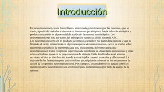 Un neurotransmisor es una biomolécula, sintetizada generalmente por las neuronas, que se
vierte, a partir de vesículas existentes en la neurona pre sináptica, hacia la brecha sináptica y
produce un cambio en el potencial de acción de la neurona postsináptico. Los
neurotransmisores son, por tanto, las principales sustancias de las sinapsis ABC.
Los neurotransmisores son el producto de síntesis específico por parte dela neurona y que es
liberado al medio extracelular en el proceso que se denomina sinapsis, ejerce su acción sobre
receptores específicos de membrana que son, lógicamente, diferentes para cada
neurotransmisor. Estos receptores específicos de membrana se sitúan tanto en neuronas y otras
células efectoras como en la propia neurona de síntesis. Están localizados en el sistema
nervioso, si bien su distribución accede a otros tejidos como el muscular y el hormonal. La
mayoría de las farmacoterapias que se utilizan en psiquiatría se basan en los mecanismos de
acción de los propios neurotransmisores. Por ejemplo , los antidepresivos actúan sobre los
receptores de la neurotransmisión serotoninérgica, incrementando por tanto la acción de la
seroton.
IntroducciónIntroducción
 