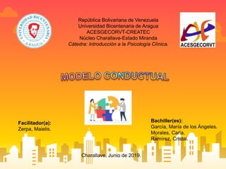 República Bolivariana de Venezuela
Universidad Bicentenaria de Aragua
ACESGECORVT-CREATEC
Núcleo Charallave-Estado Miranda
Cátedra: Introducción a la Psicología Clínica.
Facilitador(a):
Zerpa, Maielis.
Bachiller(es):
García, María de los Ángeles.
Morales, Carla.
Ramírez, Cristal.
Charallave, Junio de 2019.
 