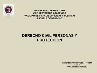 UNIVERSIDAD FERMIN TORO
VICE RECTORADO ACADÉMICO
FACULTAD DE CIENCIAS JURÍDICAS Y POLÍTICAS
ESCUELA DE DERECHO
DERECHO CIVIL PERSONAS Y
PROTECCIÓN
ENDERSON RODRIGUEZ C.I 14160317
SAIA A
PROF. CRISTINA VIRGUEZ
 