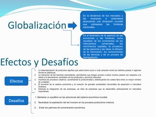 Globalización
Es la tendencia de los mercados y
las empresas a extenderse
alcanzando una dimensión mundial
que sobrepasa las fronteras
nacionales.
Es el fenómeno de la apertura de las
economías y las fronteras, como
resultado de los incrementos de los
intercambios comerciales, los
movimientos capitales, la circulación
de las personas y las ideas, la difusión
de la información, los conocimientos
de las técnicas y de un proceso de
desregulación.
Efectos y Desafíos
Efectos
1. La estandarización de productos significa que estos tienen poca o nula variación entre los distintos países o regiones
donde se distribuye.
2. La reducción de las barreras arancelarias, permitiendo que tengan acceso a estos muchos países con respecto a la
oferta y la demanda en contraste con los productos y servicios ofrecidos.
3. Incentiva los procesos creativos, aumentando la productividad y distribuyendo los costos fijos entre un mayor número
de unidades.
4. El aumento de la cadena productiva y la creación de grandes sociedades mercantiles de expansión a mercados
foráneos.
5. Estimula la integración de las empresas, se trata de empresas que se desarrollan exitosamente en mercados
importantes.
Desafíos
1. Mantener un equilibrio en las estructuras del sistema económico mundial.
2. Neutralizar la explotación del ser humano en los procesos productivos masivos.
2. Evitar los patrones de concentración económica.
 