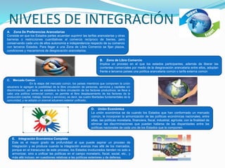 NIVELES DE INTEGRACIÓN
A. Zona De Preferencias Arancelarias
Consiste en que los Estados partes acuerdan suprimir las tarifas arancelarias y otras
barreras o restricciones cuantitativas al comercio recíproco de bienes, pero
conservando cada uno de ellos autonomía e independencia respecto de su comercio
con terceros Estados. Para llegar a una Zona de Libre Comercio se fijan plazos,
condiciones y mecanismos de desgravación arancelarios.
B. Zona de Libre Comercio
Implica un proceso en el que los estados participantes, además de liberar las
corrientes comerciales por medio de la desgravación arancelaria entre ellos, adoptan
frente a terceros países una política arancelaria común o tarifa externa común
C. Mercado Común
En la etapa del mercado común, los países miembros que componen la unión
aduanera le agregan la posibilidad de la libre circulación de personas, servicios y capitales sin
discriminación, por tanto, se establece la libre circulación de los factores productivos; se lleva a
cabo una política comercial común, se permite el libre desplazamiento de los factores de la
producción (capital, trabajo, bienes y servicios), es decir, las cuatro libertades fundamentales de la
comunidad, y se adopta un arancel aduanero exterior unificado.
D. Unión Económica
La unión económica se da cuando los Estados que han conformado un mercado
común, le incorporan la armonización de las políticas económicas nacionales, entre
ellas, las políticas monetaria, financiera, fiscal, industrial, agrícola; con la finalidad de
eliminar las discriminaciones que puedan hallarse de las disparidades entre las
políticas nacionales de cada uno de los Estados que la componen.
E. Integración Económica Completa
Este es el mayor grado de profundidad al que puede aspirar un proceso de
integración y se produce cuando la integración avanza mas allá de los mercados,
porque en el transcurso de este proceso, los Estados involucrados tienden no solo a
armonizar, sino a unificar las políticas en el campo monetario, fiscal, social, etc., y
más allá incluso, en cuestiones relativas a las políticas exteriores y de defensa.
 