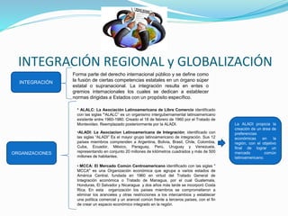 INTEGRACIÓN REGIONAL y GLOBALIZACIÓN
INTEGRACIÓN
ORGANIZACIONES
* ALALC: La Asociación Latinoamericana de Libre Comercio identificado
con las siglas “ALALC” es un organismo intergubernamental latinoamericano
existente entre 1960-1980. Creado el 18 de febrero de 1960 por el Tratado de
Montevideo. Reemplazado posteriormente por la ALADI.
•ALADI: La Asociacion Latinoamericana de Integración; identificado con
las siglas “ALADI” Es el mayor grupo latinoamericano de integración. Sus 12
países miembros comprenden a Argentina, Bolivia, Brasil, Chile, Colombia,
Cuba, Ecuador, México, Paraguay, Perú, Uruguay y Venezuela,
representando en conjunto 20 millones de kilómetros cuadrados y más de 500
millones de habitantes.
• MCCA: El Mercado Común Centroamericano identificado con las siglas "
MCCA" es una Organización económica que agrupa a varios estados de
América Central, fundada en 1960 en virtud del Tratado General de
Integración económica o Tratado de Managua, por el cual Guatemala,
Honduras, El Salvador y Nicaragua y dos años más tarde se incorporó Costa
Rica. En esta organización los países miembros se comprometieron a
eliminar los aranceles y otras restricciones a los intercambios y establecer
una política comercial y un arancel común frente a terceros países, con el fin
de crear un espacio económico integrado en la región.
La ALADI propicia la
creación de un área de
preferencias
económicas en la
región, con el objetivo
final de lograr un
mercado común
latinoamericano.
Forma parte del derecho internacional público y se define como
la fusión de ciertas competencias estatales en un órgano súper
estatal o supranacional. La integración resulta en entes o
gremios internacionales los cuales se dedican a establecer
normas dirigidas a Estados con un propósito específico.
 