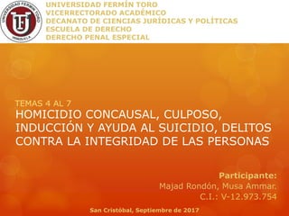 HOMICIDIO CONCAUSAL, CULPOSO,
INDUCCIÓN Y AYUDA AL SUICIDIO, DELITOS
CONTRA LA INTEGRIDAD DE LAS PERSONAS
TEMAS 4 AL 7
UNIVERSIDAD FERMÍN TORO
VICERRECTORADO ACADÉMICO
DECANATO DE CIENCIAS JURÍDICAS Y POLÍTICAS
ESCUELA DE DERECHO
DERECHO PENAL ESPECIAL
Participante:
Majad Rondón, Musa Ammar.
C.I.: V-12.973.754
San Cristóbal, Septiembre de 2017
 