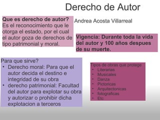 Derecho de Autor Que es derecho de autor? Es el reconocimiento que le otorga el estado, por el cual el autor goza de derechos de tipo patrimonial y moral. Vigencia: Durante toda la vida del autor y 100  años despues de su muerte. Tipos de obras que protege Literarias Musicales Danza  Pictoricas Arquitectonicas fotograficas Etc  Para que sirve? Derecho moral: Para que el autor decida el destino e integridad de su obra derecho patrimonial: Facultad del autor para explotar su obra y autorizar o prohibir dicha explotacion a terceros Andrea Acosta Villarreal 