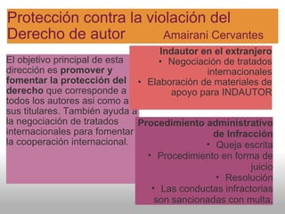 Protección contra la violación del Derecho de autor          Amairani Cervantes El objetivo principal de esta dirección es  promover y fomentar la protección del derecho  que corresponde a todos los autores asi como a sus titulares. También ayuda a la negociación de tratados internacionales para fomentar la cooperación internacional. Indautor en el extranjero Negociación de tratados internacionales Elaboración de materiales de apoyo para INDAUTOR Procedimiento administrativo de Infracción Queja escrita Procedimiento en forma de juicio Resolución Las conductas infractorias son sancionadas con multa. 