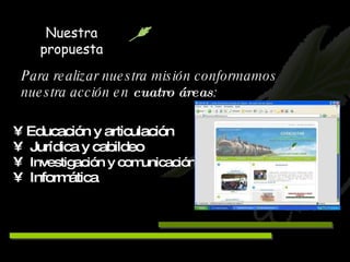 Educación y articulación Jurídica y cabildeo Investigación y comunicación Informática  Nuestra propuesta Para realizar nuestra misión conformamos nuestra acción en  cuatro áreas : 