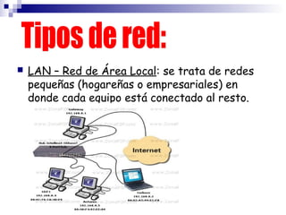 

LAN – Red de Área Local: se trata de redes
pequeñas (hogareñas o empresariales) en
donde cada equipo está conectado al resto.

 