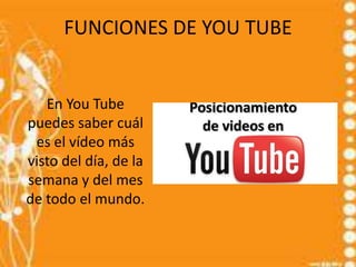 FUNCIONES DE YOU TUBE


   En You Tube
puedes saber cuál
 es el vídeo más
visto del día, de la
semana y del mes
de todo el mundo.
 