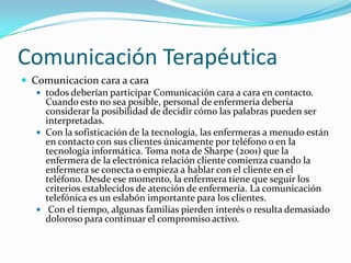 ComunicaciónTerapéuticaComunicacioncara a caratodos deberían participar Comunicación cara a cara en contacto. Cuando esto no sea posible, personal de enfermería debería considerar la posibilidad de decidir cómo las palabras pueden ser interpretadas.Con la sofisticación de la tecnología, las enfermeras a menudo están en contacto con sus clientes únicamente por teléfono o en la tecnología informática. Toma nota de Sharpe (2001) que la enfermera de la electrónica relación cliente comienza cuando la enfermera se conecta o empieza a hablar con el cliente en el teléfono. Desde ese momento, la enfermera tiene que seguir los criterios establecidos de atención de enfermería. La comunicación telefónica es un eslabón importante para los clientes. Con el tiempo, algunas familias pierden interés o resulta demasiado doloroso para continuar el compromiso activo. 