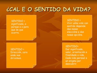 ¿CAL E O SENTIDO DA VIDA?   SENTIDO = significado, o porque e o para que do que ocorre.   SENTIDO = Dirección, cara onde nos diriximos.   SENTIDO=  Dar significado, valor, orientación e finalidade a vida. Cada vida persoal e un enigma por descubrir.   SENTIDO =  Vivir unha vida con sentido depende das nosas eleccións e das nosas opcións.   