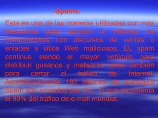 Esta es una de las maneras utilizadas con más frecuencia para acceder a millones de computadoras con discursos de ventas o enlaces a sitios Web maliciosos. EL spam continua siendo el mayor vehiculo para distribuir gusanos y malwares como también para cerrar el tráfico de Internet. Asombrosamente 180 billones de mensajes Spam son enviados por día,  lo que representa el 90% del tráfico de e-mail mundial. -Spams. 