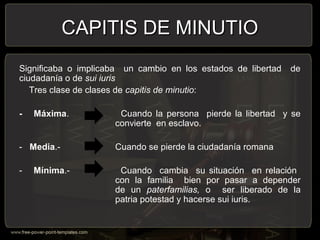 CAPITIS DE MINUTIOCAPITIS DE MINUTIO
Significaba o implicaba un cambio en los estados de libertad de
ciudadanía o de sui iuris
Tres clase de clases de capitis de minutio:
- Máxima. Cuando la persona pierde la libertad y se
convierte en esclavo.
- Media.- Cuando se pierde la ciudadanía romana
- Mínima.- Cuando cambia su situación en relación
con la familia bien por pasar a depender
de un paterfamilias, o ser liberado de la
patria potestad y hacerse sui iuris.
 