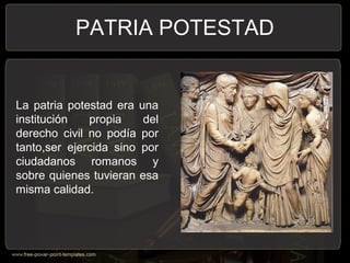 PATRIA POTESTAD
La patria potestad era una
institución propia del
derecho civil no podía por
tanto,ser ejercida sino por
ciudadanos romanos y
sobre quienes tuvieran esa
misma calidad.
 